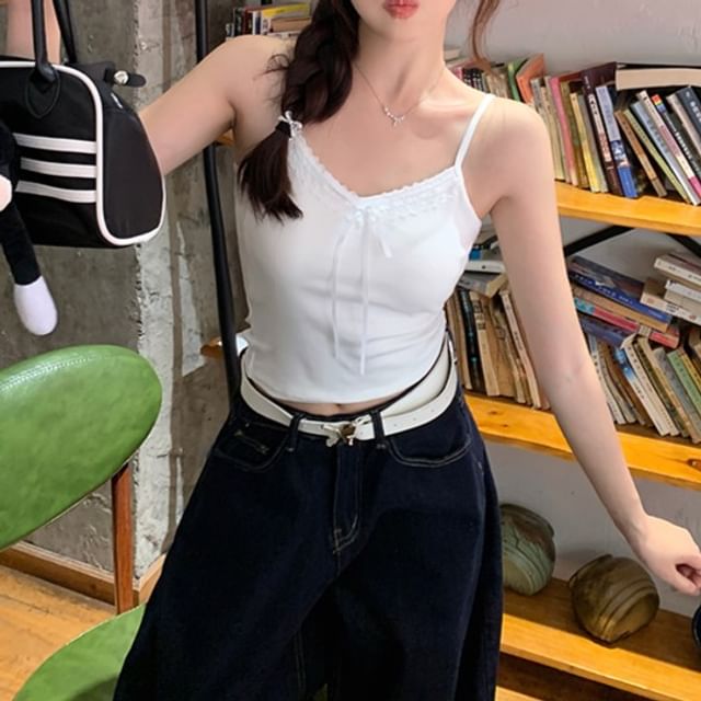 Top Bow Lace Plain Crop V-Neck Cami Trim Accent