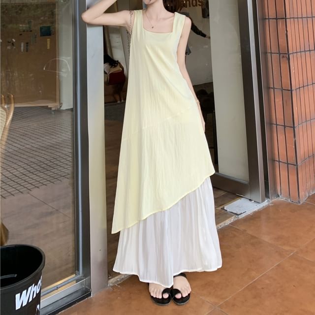 Asymmetrical Paneled Neck Midi Square Dress Sleeveless A-Line