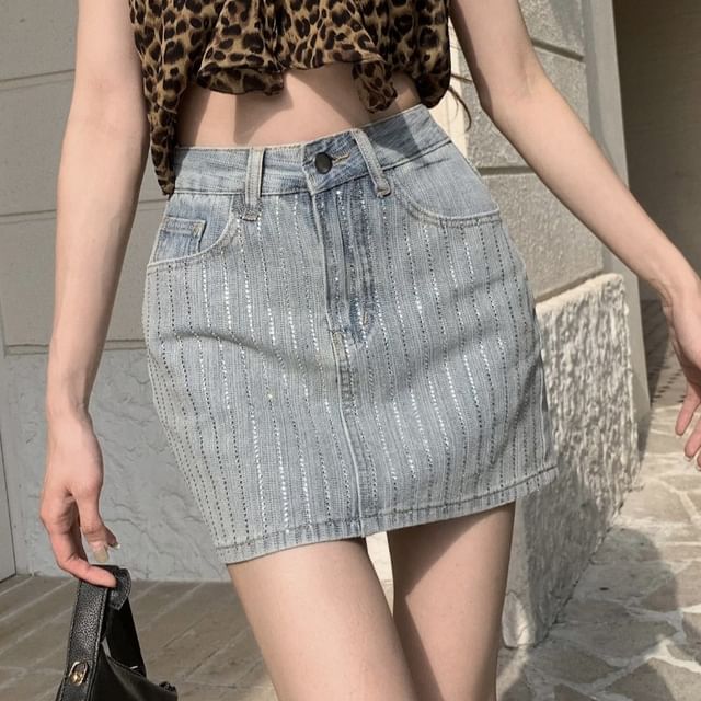 Rhinestone Skirt Pencil Mini Striped High Rise Denim