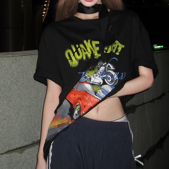 Mini Round / Neck Spaghetti Short-Sleeve Dress Bodycon Graphic Strap Print Tee