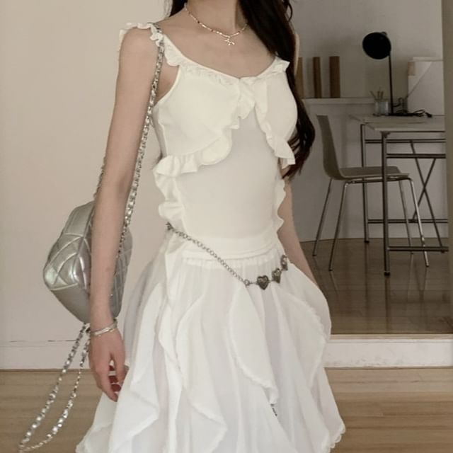 Skirt Trim / Slim Plain Elastic Tank Ruffle Top Asymmetrical A-Line Fit Midi Waist