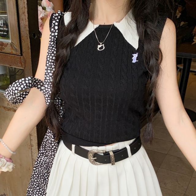 A-Line Pleated Top High Waist Mini Skirt / Collar Plain Knit Tank Contrast