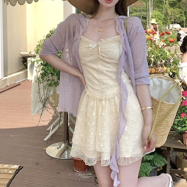 Melange Dress Trim / Cardigan Lace Bow Ruched Mini Ruffle Spaghetti Panel Strap A-Line