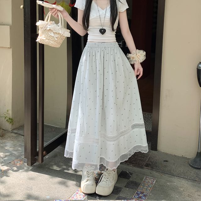 Waist Skirt Lace Elastic A-Line Panel Floral Midi