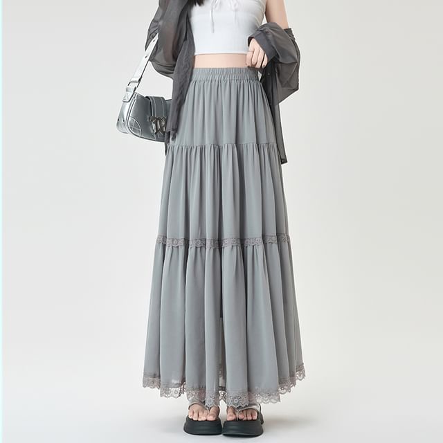 Midi A-Line Lace Waist Trim Elastic Plain Skirt Tiered