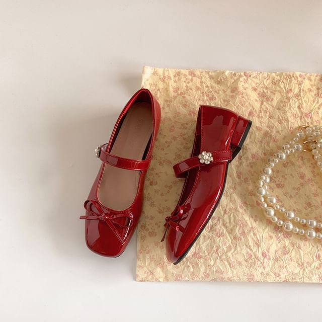 Low Bow Jane Toe Mary Faux Heel Pumps Leather Square