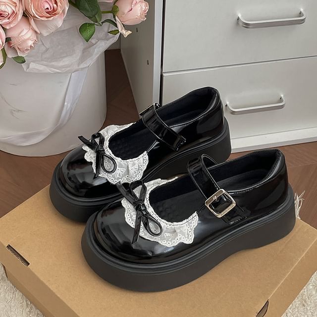 Leather Jane Trim Bow Mary Platform Lace Patent Shoes