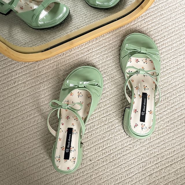 Heel Sandals Bow Chunky Patent Leather