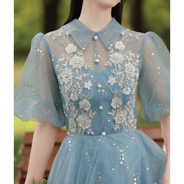 Puff-Sleeve Collar Embroidered Flower Evening A-Line Gown Sequin