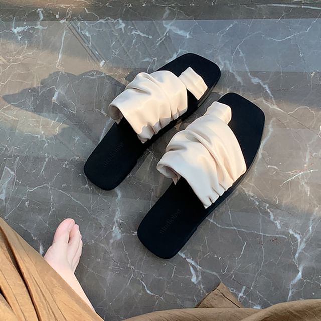 Leather Square Slide Sandals Ruched Faux Loop Toe