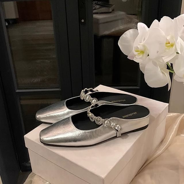 Leather Mules Faux Wedge Hidden Mary Rhinestone Jane