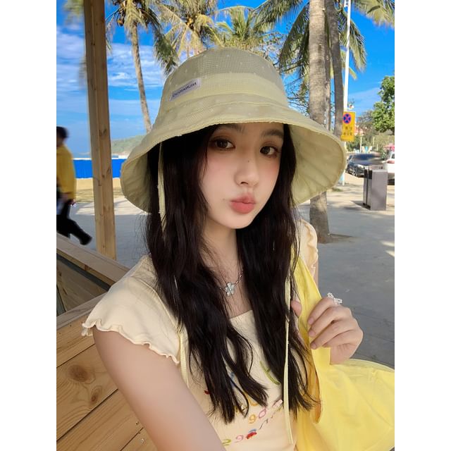 Bucket Applique Lettering Plaid Hat