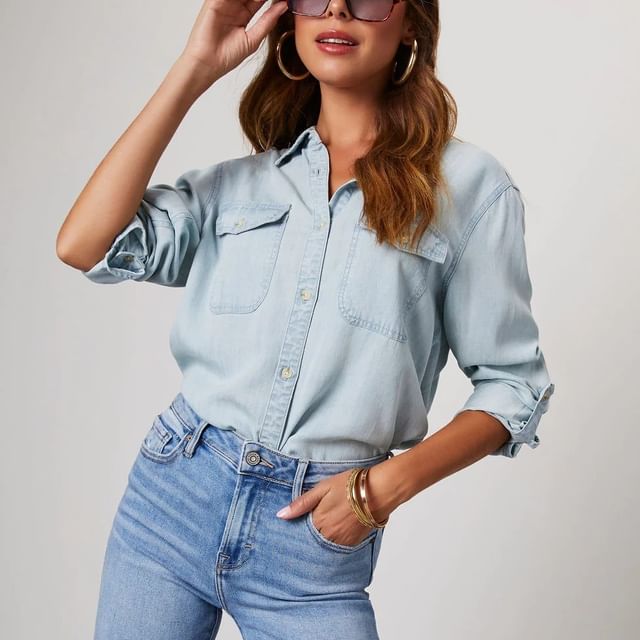 V-Neck Denim Shirt Sleeve Long Loose-Fit