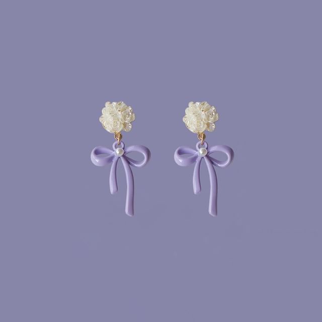 Flower Clip-On Bow 925 Sterling / Silver Earring Drop