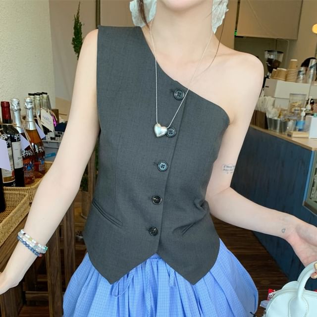 One Sleeveless Waist Drawstring Plain A-Line Skirt / Button Top Shoulder Balloon Mini