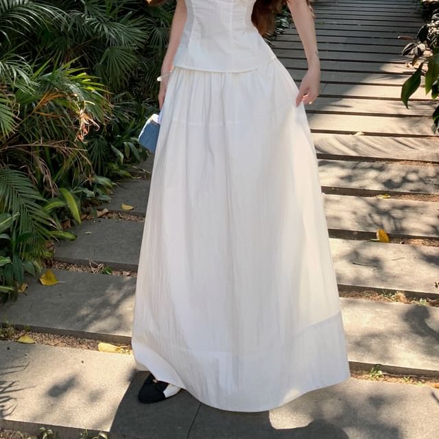 High / Rise Blouse Maxi Plain A-Line Neck Sleeveless Frill Skirt Crop Bow Scoop