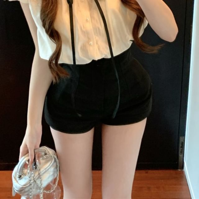 Stand Sleeve / Shorts Collar Plain Frill Cap Waist High Bow Blouse