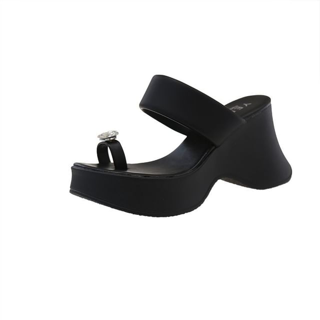 Heel Wedge Platform Slide Sandals Toe Loop Rhinestone