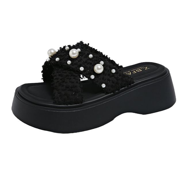 Platform Cross Faux Criss Pearl Sandals Slide