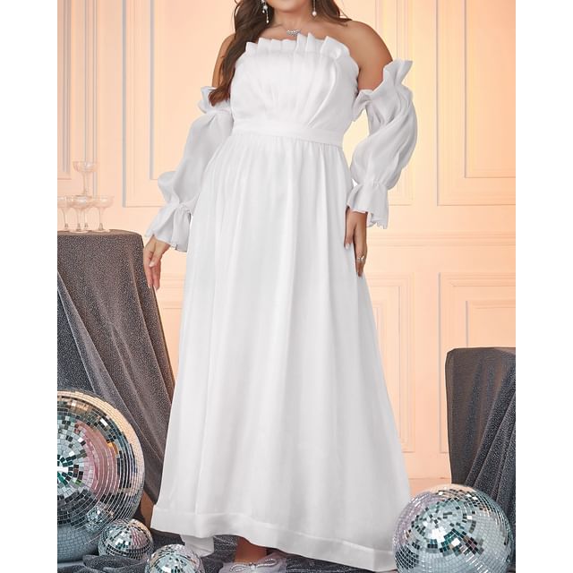 Gown Evening Plus A-Line Plain Puff-Sleeve Off-Shoulder Size