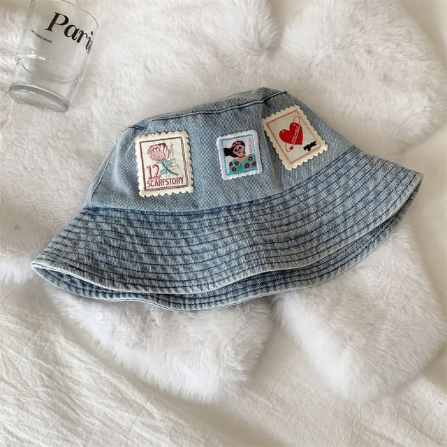 Washed Denim Bucket Applique Hat