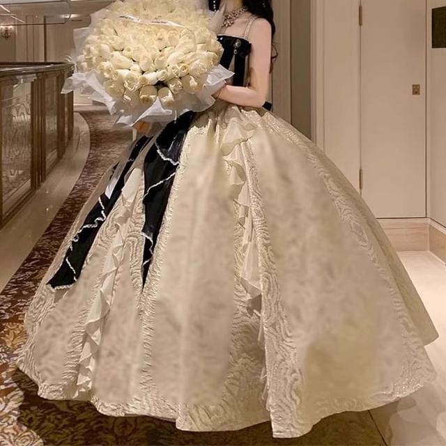 / Skirt Faux Spaghetti Ruffle Evening Strap Set Gown Trim Petticoat A-Line Pearl Bow