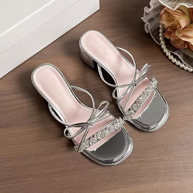 Heel Chunky Slide Sandals Bow Rhinestone