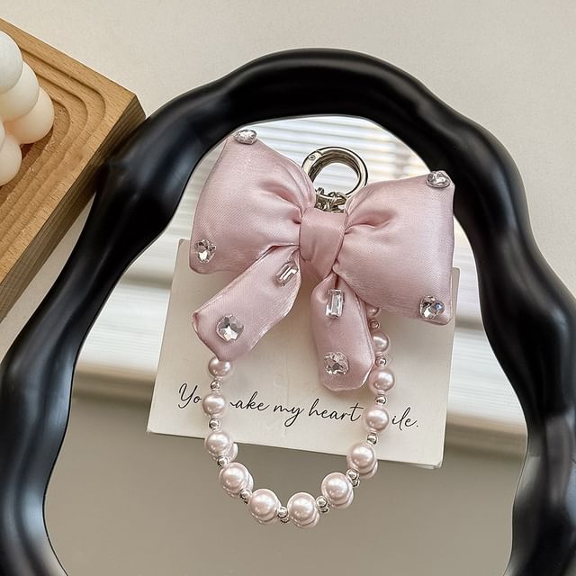 Charm Phone Pearl Pad Bow Faux Lanyard Rhinestone with