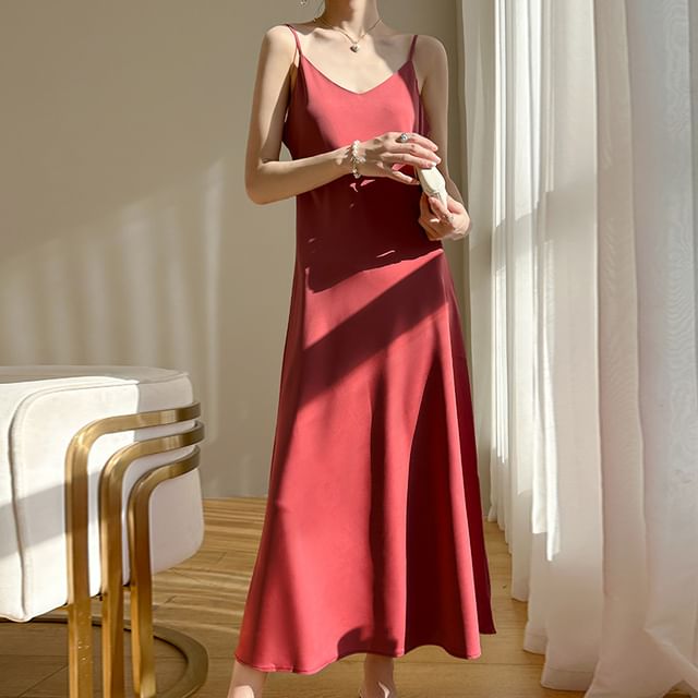 Plain Satin A-Line Strap Dress Midi V-Neck Spaghetti