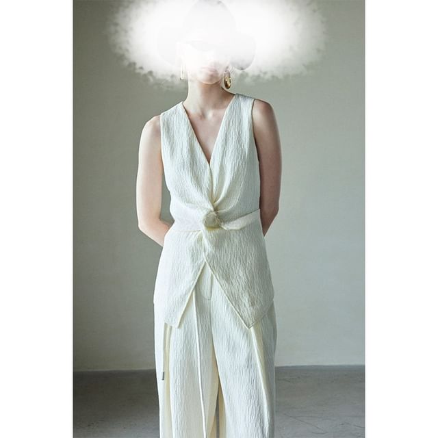 Pants Tank / Wide High Knot Leg Rise Top Plain V-Neck Slit