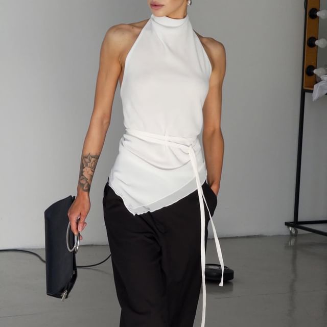 Fit Halter Neck Crop Slim Plain Back Asymmetrical Mock Open Top