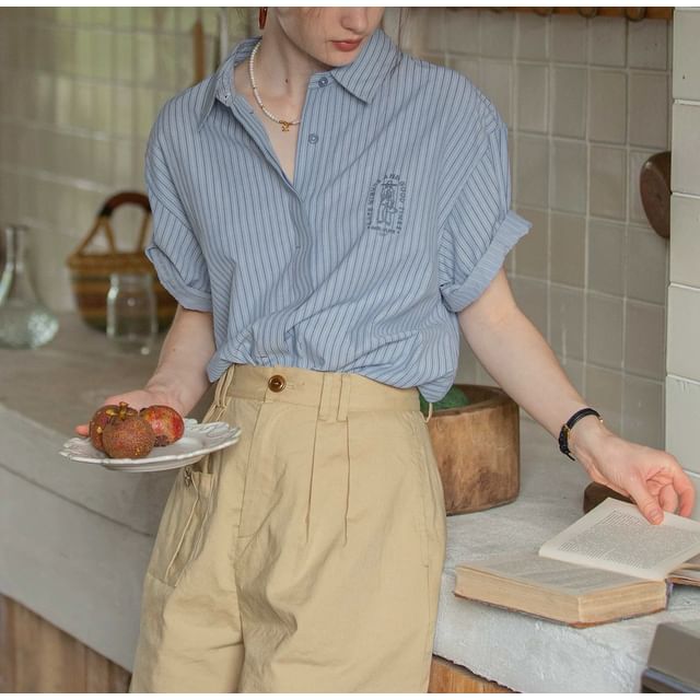 Elbow-Sleeve Embroidered Striped Blouse Button-Up Collared