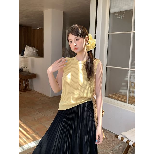 Plain Top Neck Sleeveless Knit Ribbed Crew