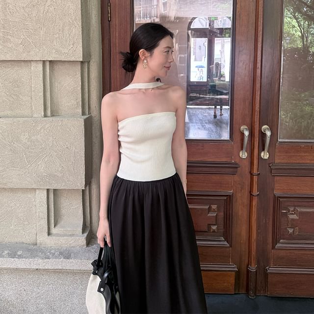 Halter Ribbed Knit Plain Top Neck