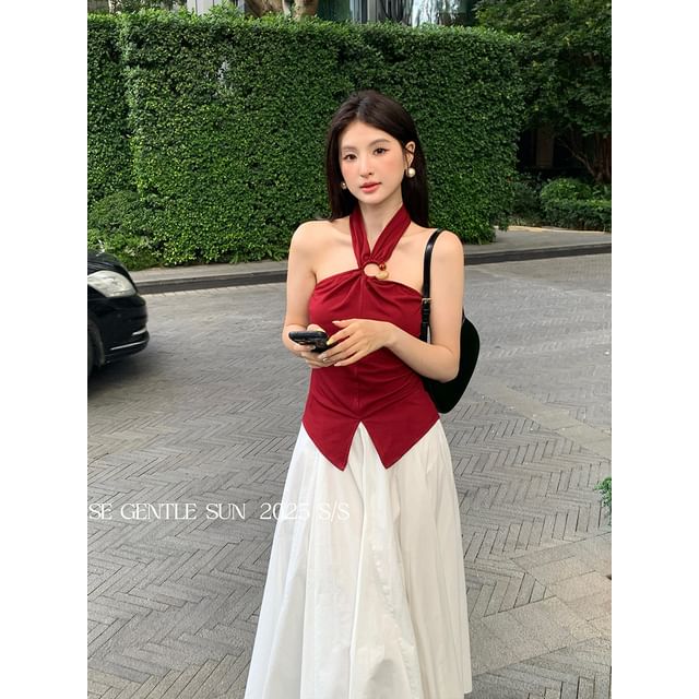 Halter Neck Slit Plain Top Crop Camisole