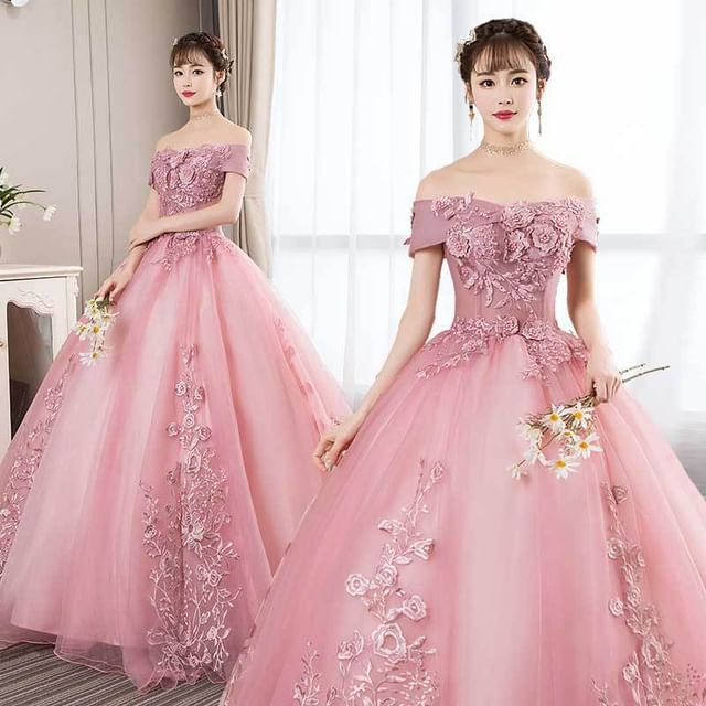 A-Line Off-the-Shoulder Evening Gown Embroidered Floral