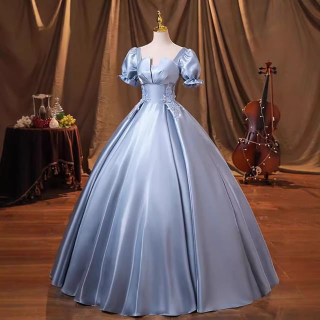 Embroidered Neck Plain Evening Gown Short-Sleeve Square Ball