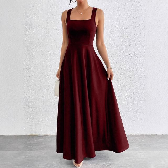 Gown Plain Maxi Square Neck Sleeveless Evening