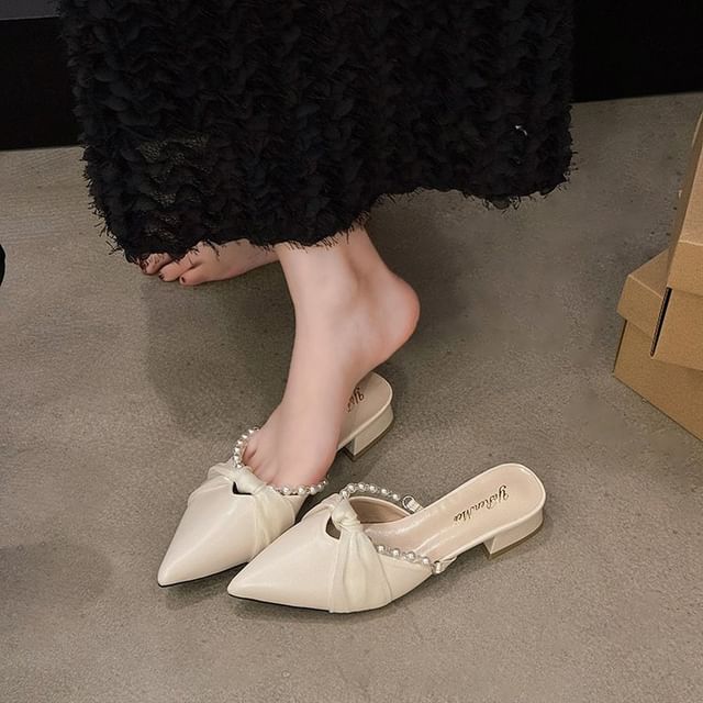 Faux Heel Mules Pearl Chunky Toe Pointed Knot