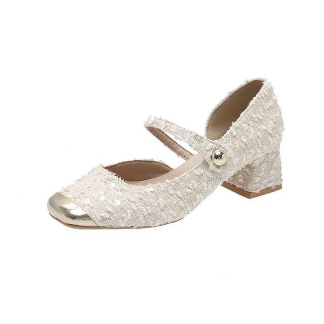 Square Sequin Tweed Mary Toe Pumps Heel Block Jane