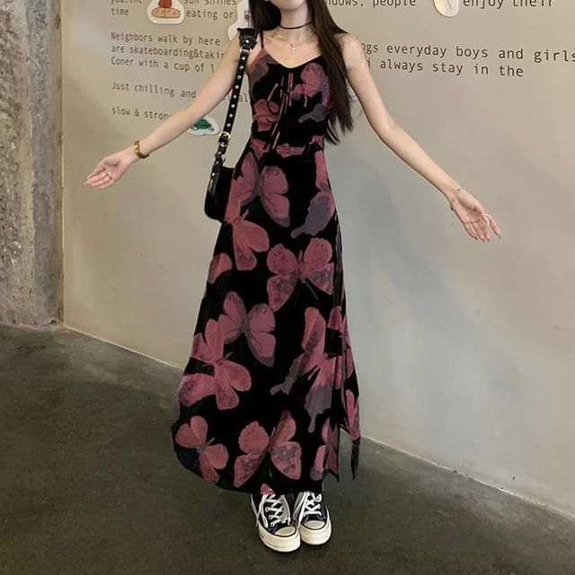 Designs) Floral Spaghetti Dress Print (Various Strap V-Neck A-Line