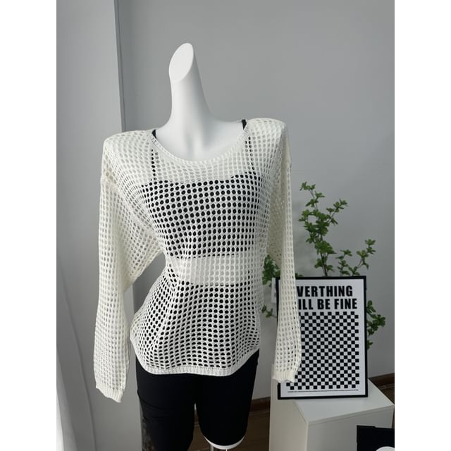Round Perforated Knit Plain Neck Top Long-Sleeve