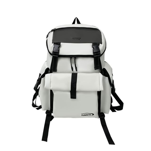 Lettering Backpack Faux Leather Buckled