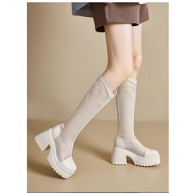 Tall Boots Platform Heel Plain Block Mesh