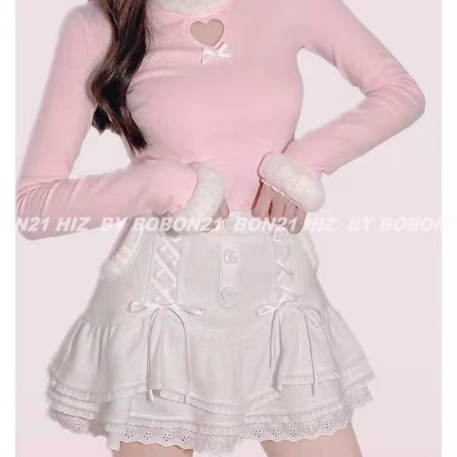 Skirt High Waist Knit Tiered Lace Mini Trim