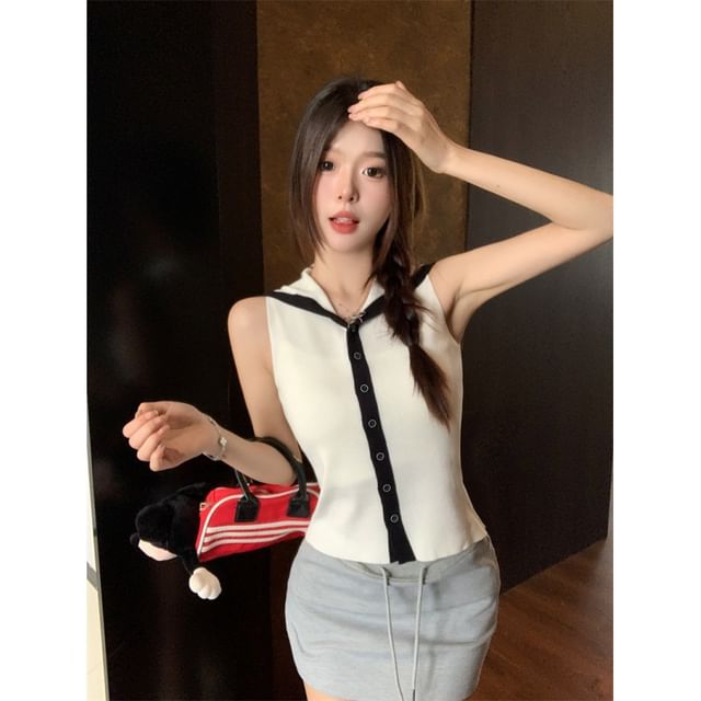 Sailor Collar Button-Up Knit Sleeveless Top