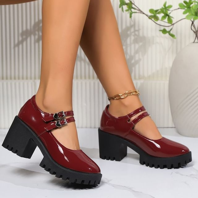 Platform Heel Pumps Leather Patent Mary Block Jane
