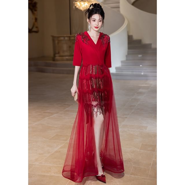 Elbow-Sleeve Rhinestone Glitter A-Line Evening Gown