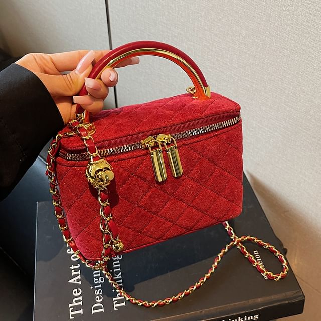 Leather Strap Quilted Crossbody Chain Faux Bag