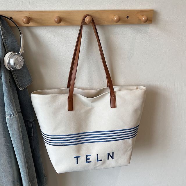Embroidered Striped Canvas Lettering Tote Bag